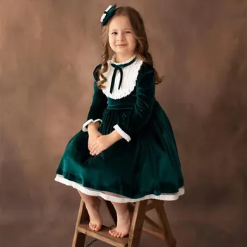 0-12Y Baby Girl Jesen Zima Zelena, Rdeča, Navy Blue Burgundija Letnik Princesa za Božič Eid Počitniška Fotografija