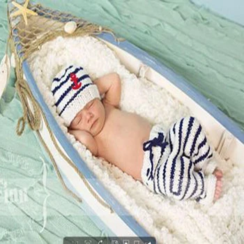 0 do 4 Mesece, Otroška Fotografija Prop Novorojenčka Kostum Obleko za Malčke Kvačkanje Pletene Klobuk, Hlače Nastavite Mornarsko Modra Baby Streljanje Oblačila