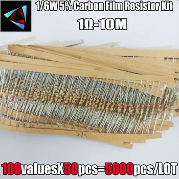 1/6W 5% 1R~1M 100valuesx50pcs=5000pcs Ogljikovih Film Upor Razvrstan Kit