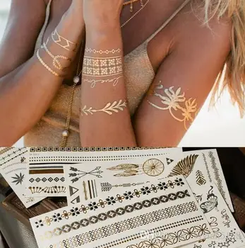 10 listov Moda Zlata, Srebrna Kovinski Flash Tatoo Kovinski Tattoo Nalepke Začasno Body Art ženske Plaži Nepremočljiva Velikost 15X21c