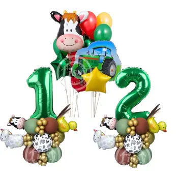 1Set Kmetiji Teme Traktor Živali Balon Stolp z Zeleno Številko Balon za Otroke Rojstni dan Dekoracijo Boy ' s DIY Darila
