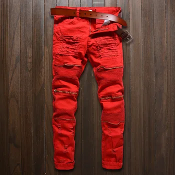 2017 novih Moških skinny Jeans Modno Oblikovanje Biker vzletno-pristajalne Steze Hip hop Slim Kavbojke Kolena zadrgo Luknjo Stiski Kavbojke Moški ripped kavbojke