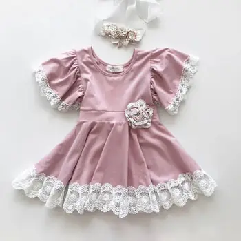 2019 Srčkan Otroci Baby Dekleta Oblačenja Čipke Cvetlični Stranka Obleko Sleeve Solid Obleko Oblačila