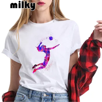 2021 Vroče prodaje akvarel odbojka dekleta natisnjen tshirt ženske ljubijo šport tees poletje vrhovi ženska bela majica zabavne majice