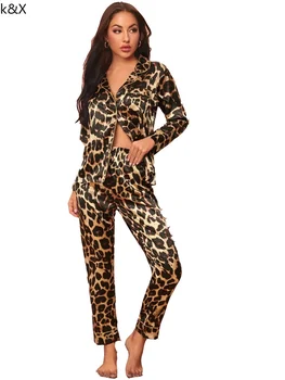 2022 Jeseni Žensk Sleepwear Dva kosa Sopihanje Določa Tiskanja Leopard Ponoči Nositi Dolgo Rokav Obleke, Hlače Pižamo za Ženske Doma Oblačila