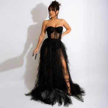 2022 Novo Elegantno Seksi Večerne Obleke Stranka Črna Rdeča Glej Skozi Čipke Očesa Korzet Maxi Obleko Luksuzni Večerno obleko svatov