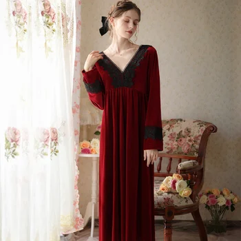 2022 Ženske Nightdress Runo Proti-Vrat Čipke Sleepshirt More Elegantno Dolgo Hišna Obleke Pozimi Soild Retro Sleepdress Nightgown
