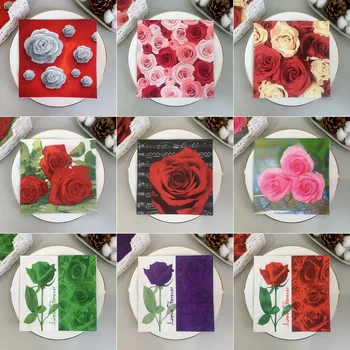20Pcs/Paket Rdeča, Roza, Vijolična, Zelena Rose Tabela Decoupage Papir, otroške Plenice Cvetlični Napkin papirnati Robčki za svate Dekor Novo 2022