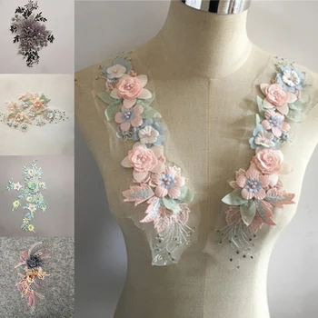 3D Cvet Čipke Ovratnik Vezenje Til Šivanje Čipke Beaded Izrez Oprema DIY Obrti Aplicirano Oblačila Poročno Obleko Dekor