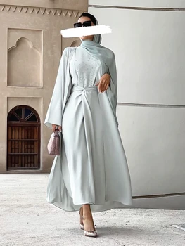 3Pieces Abaya Nastavite Diamond Beading Obleke tam kaftan Muslimanskih Določa Kimono Abayas za Ženske Dubaj Islam arabski Hidžab Obleko Obleko, Turčija