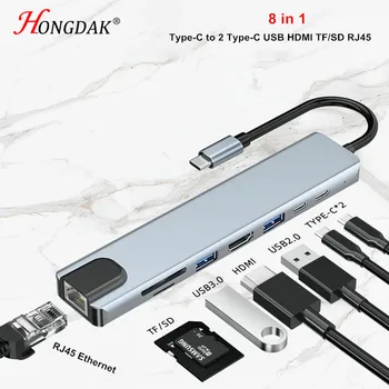8 v 1 USB C Vozlišče Tipa C do HDMI 4K USB 3.0 2 Tip-C Hitro Polnjenje RJ45 TF/SD Adapter Za Macbook Pro Prenosni RAČUNALNIK Pribor