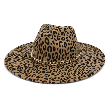 9.5 CM velike brimmed klobuk z leopard tiskanja fedora klobuk za ženske jeseni in pozimi nov klobuk Britanski retro Panama volnene klobuk