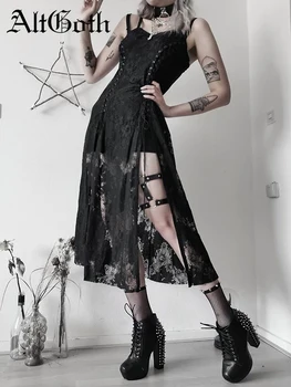 AltGoth Temno Gothic Punk Dolga Obleka Ženske Letnik Estetske Pravljice Grunge Split Visoko Pasu Obleko Harajuku Emo Alternativnih Obleko