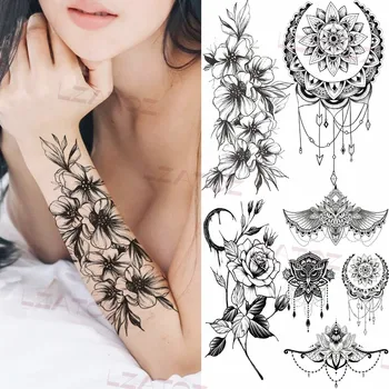 Big Black Plum Blossom Začasne Tetovaže Za Ženske Odraslih Mandala Rose Geometrijo Ponaredek Tattoo Nalepke, Podlakti Prsih Prenos Tatoos
