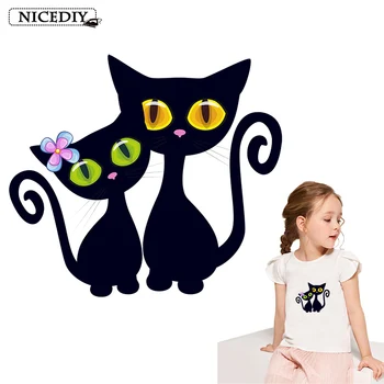 Black Cat Nekaj Železa Na Obliži Za Oblačila Vinilne Nalepke Za Oblačila Prenos Toplote Tiskanje T-shirt Otroci Nalepke Dekor DIY
