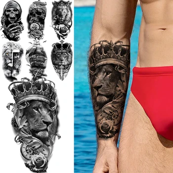 Black Lion Krono Compass Rose Cvet Začasne Tetovaže Za Moške, Ženske Okostje Pirat Ladje Ponaredek Tatoo Body Art Pol Rokav Tattoo
