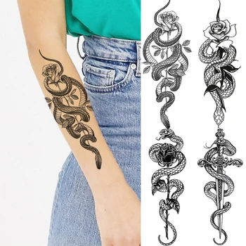 Black Rose Cvet, Kača Podlakti Začasne Tetovaže Za Ženske Odraslih Moških Meč Kača Ponaredek Tatoo Moda Nepremočljiva Tattoo Nalepka