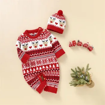 Božič Otroška Oblačila Novorojenčka Pletenih Otroka Romper Jumpsuit Klobuk Z Dolgimi Rokavi Za Malčke Fant Dekle Romper Malčka Kombinezon Kostum