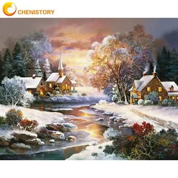 CHENISTORY Barvanje Z Številkami Kompleti Za Odrasle Božič sončnem zahodu V Zimsko Pokrajino Oljna slika DIY Uokvirjena Risanje Artcraft
