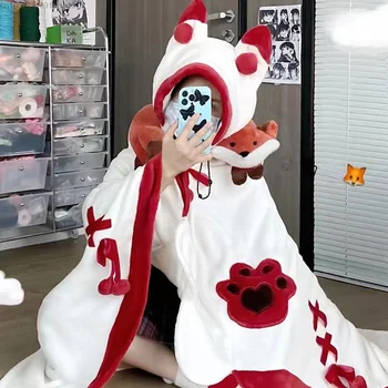 Cute Anime Fox Plašč Pižamo Y2k Kawaii Risanka Koralni Žamet Sleepwear Ženske Jesen Zima Bela Črna Plišastih Odejo Cape Nekaj