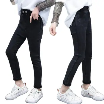 Dekleta Jeans Pomlad-Jesen tople hlače za otroke, elastična pencial hlače najstniških hlače 3-13Y dekleta šolo obrabe, otroci črne kavbojke