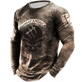 Evropski in Ameriški nove moške 3D piratska lobanja priložnostne okrogle ovratnik, dolgi rokavi pulover slim digitalno natisnjena moška T-shirt majica