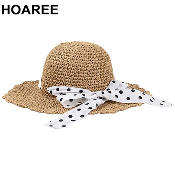HOAREE Sun Pokrivalo za Ženske Poletje Slame Zložljive Široko Roba Pika Bowknot Elegantne Dame Letnik Lepa blagovne Znamke Priložnostne Plaži Skp