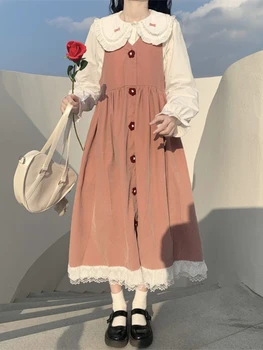 HOUZHOU Kawaii Preppy Stil Oblačenja Obleko Japonski Lolita Obleke Čipke Mozaik Sladko Srčkan Dveh Kosov Binkoštni Long Sleeve Majica