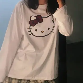 Japonski T-Majica Hello Kitty Sanrio Tiskani Bombaž Bela Dolgimi Rokavi Ženske Y2K Ženske za Dekle Lepo Svoboden Študent Oblačila Vrh
