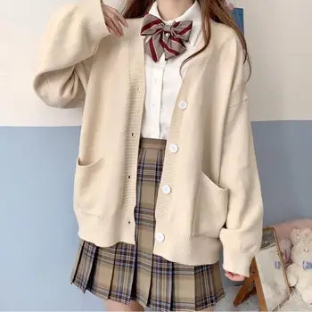 Japonski Šola Osnovna Puloverji Ženske Jeseni Kawaii Trdno V-vratu, Ohlapno Pleteno Jopico Preppy Stil Enotno Cosplay