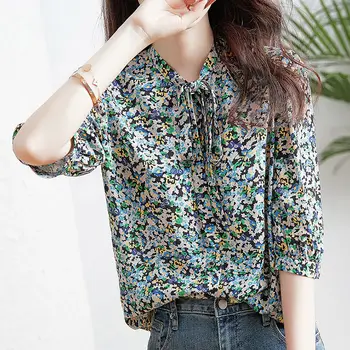 Korejski Elegantno Cvetlični Gumb Majica ženska Oblačila 2022 Priložnostne Poletje Moda Letnik Vezna Ženski Pol Rokav Šifon Bluzo