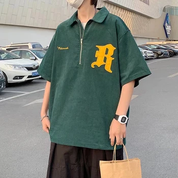 Korejski Moda vezenje Polo T-shirt High street Kratek Rokav Vrhovi Za Moške Priložnostne Zip Pol Placket polo majice Svoboden Retro