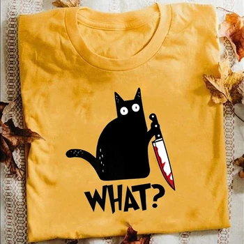 Mačka, Kaj Majica Morilski Mačka Z Nožem Smešno Halloween Darilo T Shirt Unisex Visoko kakovostnega bombaža t-srajce Halloween prisoten