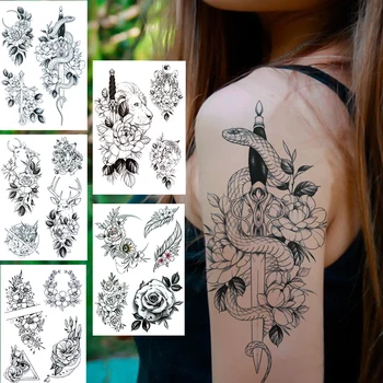 Meč Kača Začasne Tetovaže Za Ženske, Moške Odrasle Lev Elk Mačka Tiger Black Rose Cvet Tattoo Nalepke Pero Ponaredek 3D Tatoos