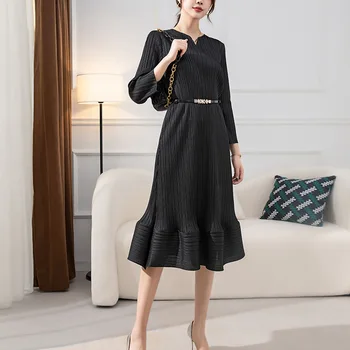 Miyake Nabrano Obleko za Ženske 2022 Jeseni Nov Modni Svoboden in Hujšanje Temperament Divje Znanja Obleko Maxi Obleke za Ženske