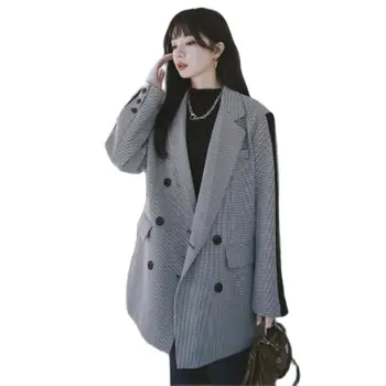 Moda Houndstooth Jopič ženska Oblačila 2022 Novi korejski Zadeli Barvni Šivi Ulica Blazerji Obleko Dame Jopiči, Plašči jp500
