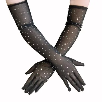 Moda Kristalno Sijoče Prosojne Čipke Črne Rokavice Elastična Dolgi rokav Očesa Bogoslužje Seksi Rokavice Ženske Odraslih Obleko Pribor