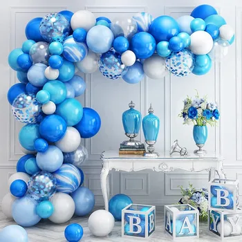 Modra Macaron Baloni Garland Arch Komplet Z Srebrni Konfeti Latex Ballon Za Poroko, Rojstni Dan Otroci Baby Tuš Odlikovanja