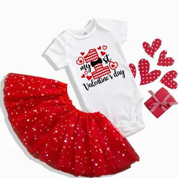 Moj Prvi Valentinovo Baby Girl Obleke Baby Romper +Torta Obleka Komplet valentinovo Stranka Oblačila za Malčke Dekliška Tutu Obleka Komplet