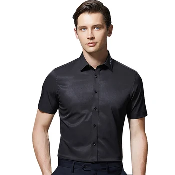 Moška Majica Kratek Rokav Stretch Tkanina popolnoma Črna Bela Elastičnost Socialne Majica Formalnih Obleke Slim Fit Delo Moški Bluzo 2020