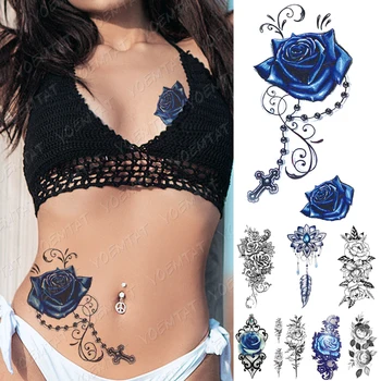 Nepremočljiva Začasni Tattoo Nalepke Blue Rose Peony Cvetje Flash Tetovaže Križ, Rožni Venec, Body Art Roko Ponaredek Rokav Tattoo Ženske Moški