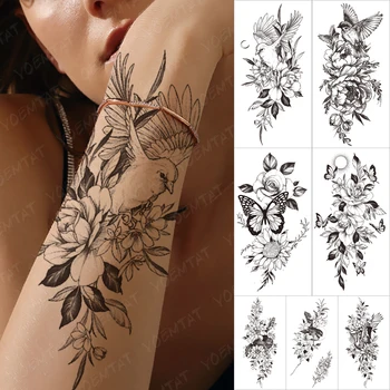 Nepremočljiva Začasno Rokav tatooo Nalepke Vrabec Cvet Jasmina Preprostost Skladu tetovaže Moški Ženske Body Art Ponaredek tattoo, Črna
