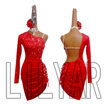 Nov latinski ples obleko konkurence obleko obleko obleko uspešnosti Obleko Odraslih po meri rdeče vezene Plesno Obleko