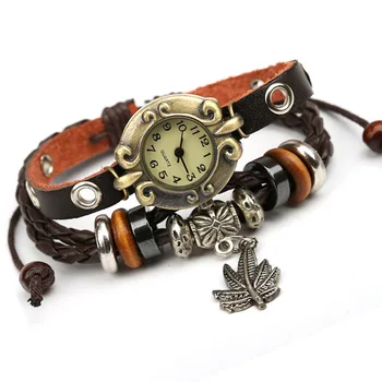 NOVO Vintage Watch Ženske obleke Quartz Watchs Zaviti Drevesnih Listov Obesek Pravega Usnja Zapestnica Zapestje Watch Free Shipping