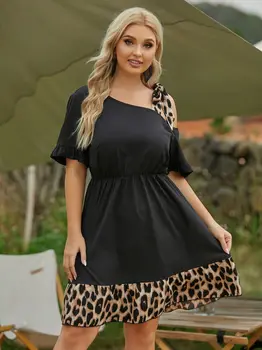 Plus Velikost Leopard Tiskanja Midi Obleka Ženske Rami 2022 Poletje Elegantno Prevelik 4XL Priložnostne Moda Obleke Veliko Oblačil