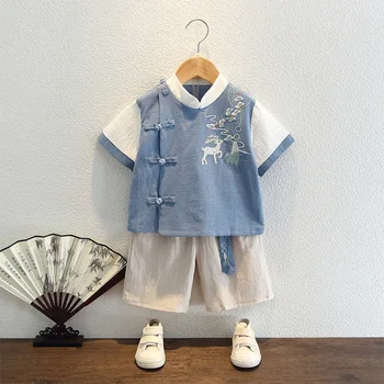 Poletje Nov Baby Boy Oblačila Kitajski Retro Slogu Nastavite Kratek Sleeved Zgornji del + Hlače Antike Kostum 2-Kos Otrok Tang Obleko