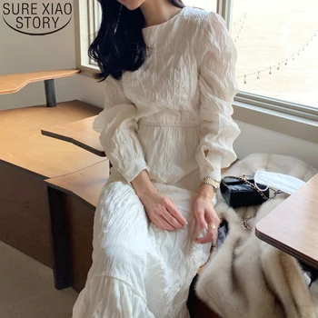 Pomlad Priložnostne Bela Ohlapno Obleko korejski Elegantna Dolga Obleka Naguban Maxi Obleke za Ženske, Elegantni, Elastični Pas Vestidos Feminino