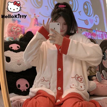 Sanrio Hello Kitty Koralni Žamet Doma Oblačila, ki Y2k Kawaii Pozimi Zgosti Plišastih Pižamo Ženske Flanela Toplo KT Sleepwear Obleko