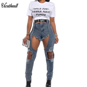 Slim Holow Iz Dekoracijo Streewear Hlače Za Ženske Sredi Pasu Jeans Priložnostne Oblikovanje Ženske DenimTrousers