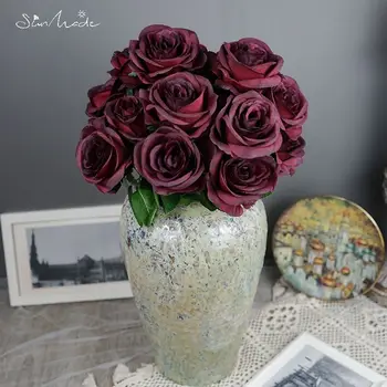 SunMade 10 Glav Umetne Vrtnice Šopek Black Rose Glod Svileno Cvetje, Poročne Matične Decore Padec Okraski Flores Artificiales